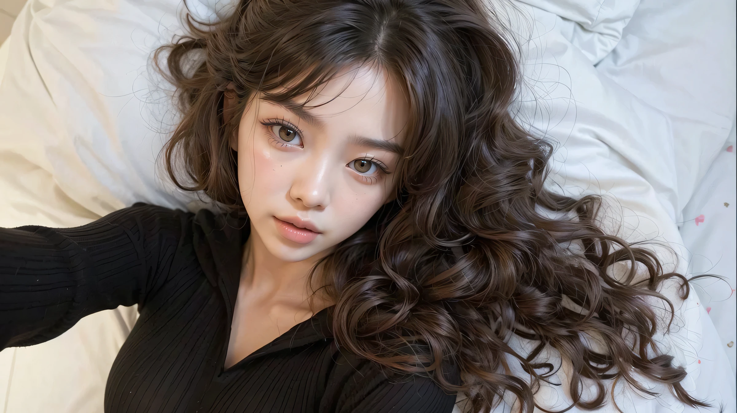 work of art, superlative, realisitic, A beautiful Asian woman, jennie kim, cabelo cacheado, cachos bonitos, corpo bonito, colorido, HD, photographic lighting, 16K 