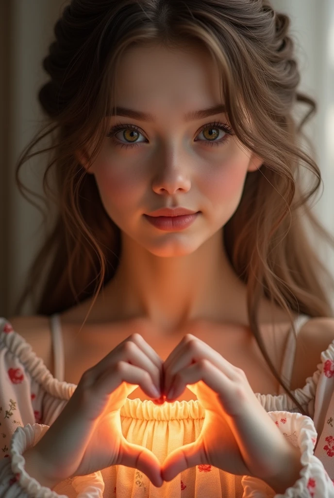 a beautiful girl showing heart hands, 1girl, detailed face, beautiful eyes, long eyelashes, beautiful lips, detailed facial features, cute expression, heart hands gesture, long brown hair, intricate hairstyle, floral dress, soft lighting, warm color palette, cinematic composition, (best quality,4k,8k,highres,masterpiece:1.2),ultra-detailed,(realistic,photorealistic,photo-realistic:1.37),vibrant colors,natural lighting