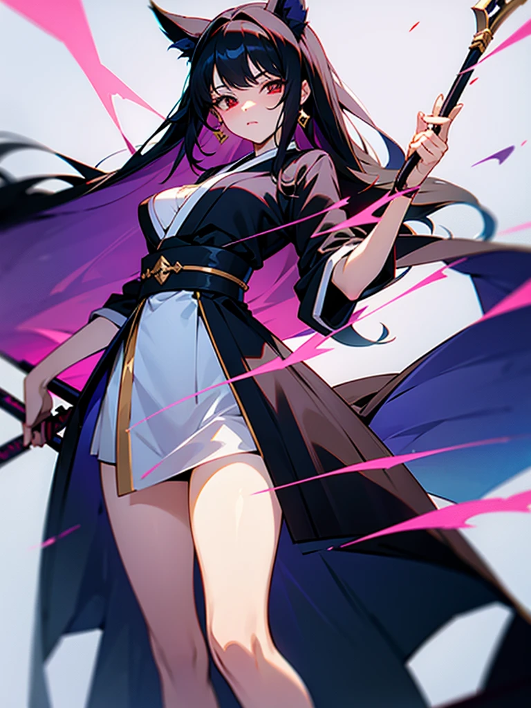 Generate an image of an anime main character girl black haired character named kiara shes wearing a revealing outfit which reveals her waist black with insane detailing of pink inspired from japanese kimono, she looks like an empress, she wields a scythe on top of that her eyes are colored red on one end and gold on the other. Behind her is also a red eyed girl with a french inspired dress. Though shes just a spirit, conjured by the black haired girl she was ger former best friend.. who reached her hand to kiara for her to succeed her will...