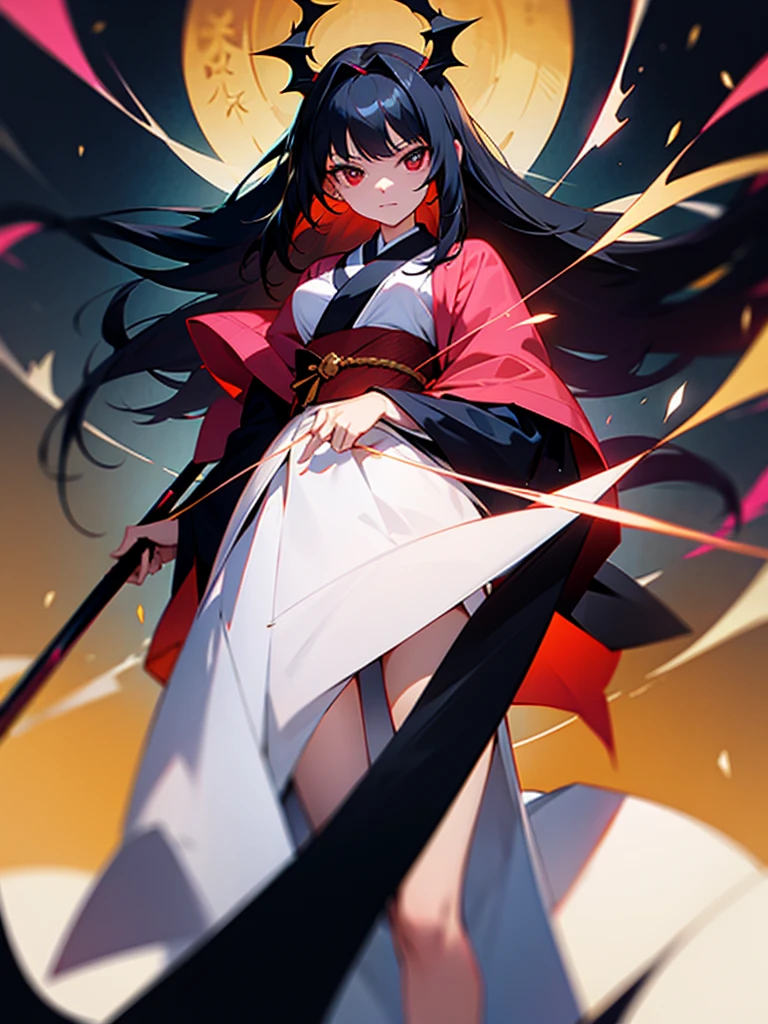 Generate an image of an anime main character girl black haired character named kiara shes wearing a revealing outfit which reveals her waist black with insane detailing of pink inspired from japanese kimono, she looks like an empress, she wields a scythe on top of that her eyes are colored red on one end and gold on the other. Behind her is also a red eyed girl with a french inspired dress. Though shes just a spirit, conjured by the black haired girl she was ger former best friend.. who reached her hand to kiara for her to succeed her will...