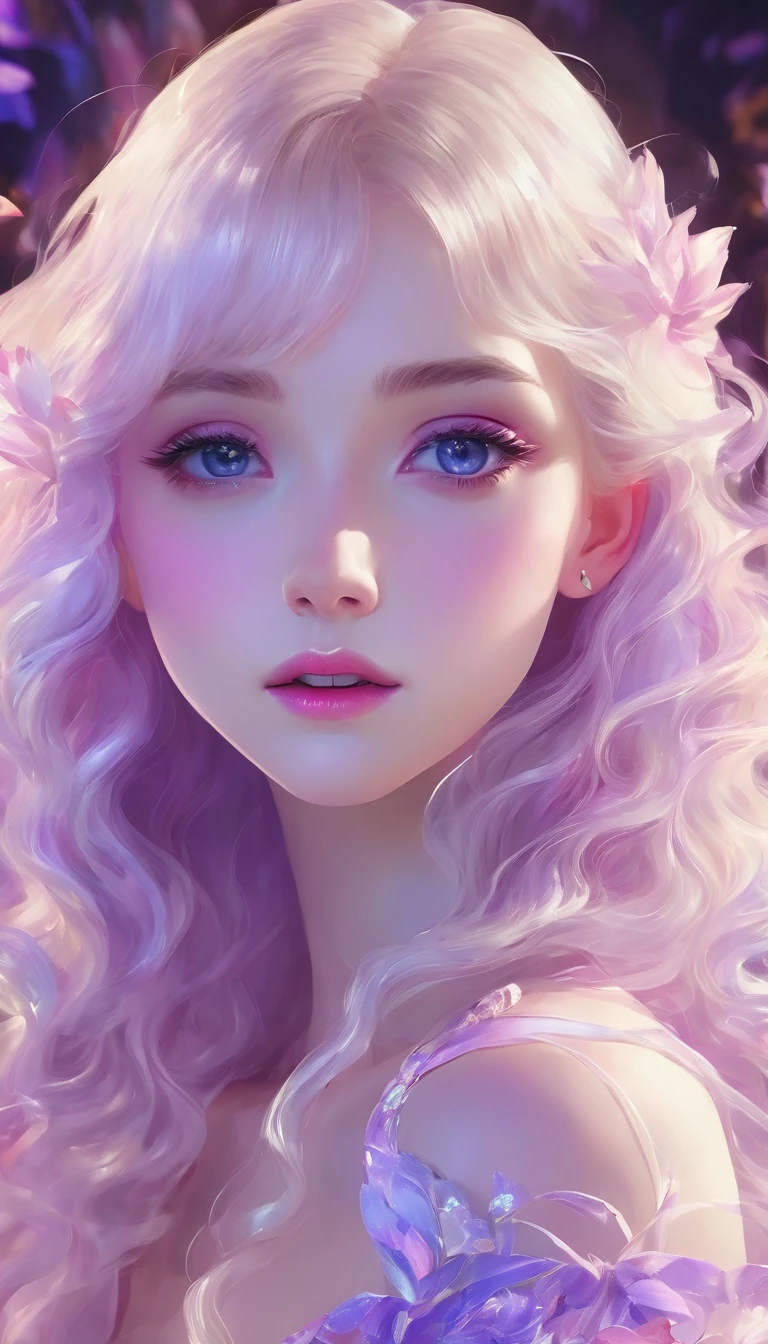 masterpiece,Dazzling colorful lights,Extremely detailed,A girl,big eyes,tulip,Extra long curly hair,White-blond hair,A fascinating adventure,Radiant Lips,Close-up of face,Off-shoulder,Dreamy and beautiful,The rich colors of the characters,Delicate brushstrokes,wallpaper,Lilac background,Anime Aesthetics,