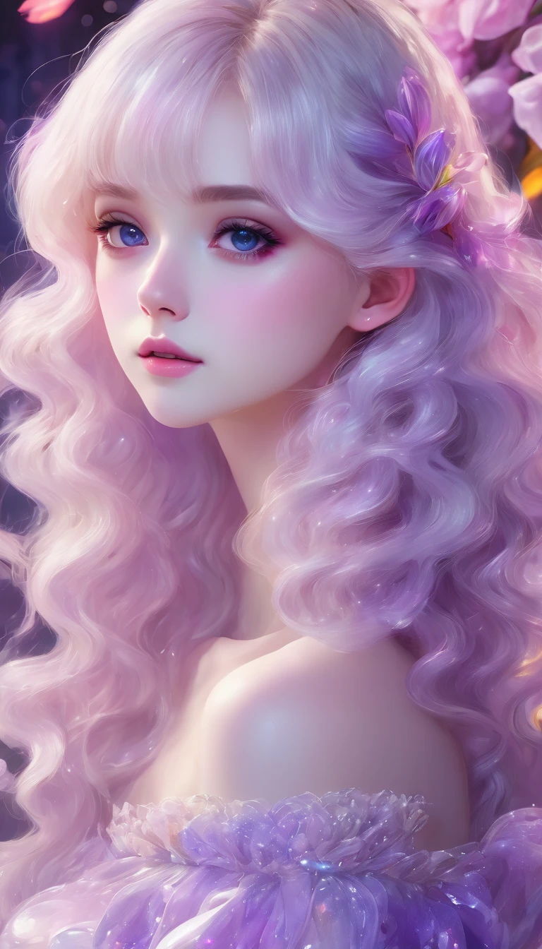 masterpiece,Dazzling colorful lights,Extremely detailed,A girl,big eyes,tulip,Extra long curly hair,White-blond hair,A fascinating adventure,Radiant Lips,Close-up of face,Off-shoulder,Dreamy and beautiful,The rich colors of the characters,Delicate brushstrokes,wallpaper,Lilac background,Anime Aesthetics,