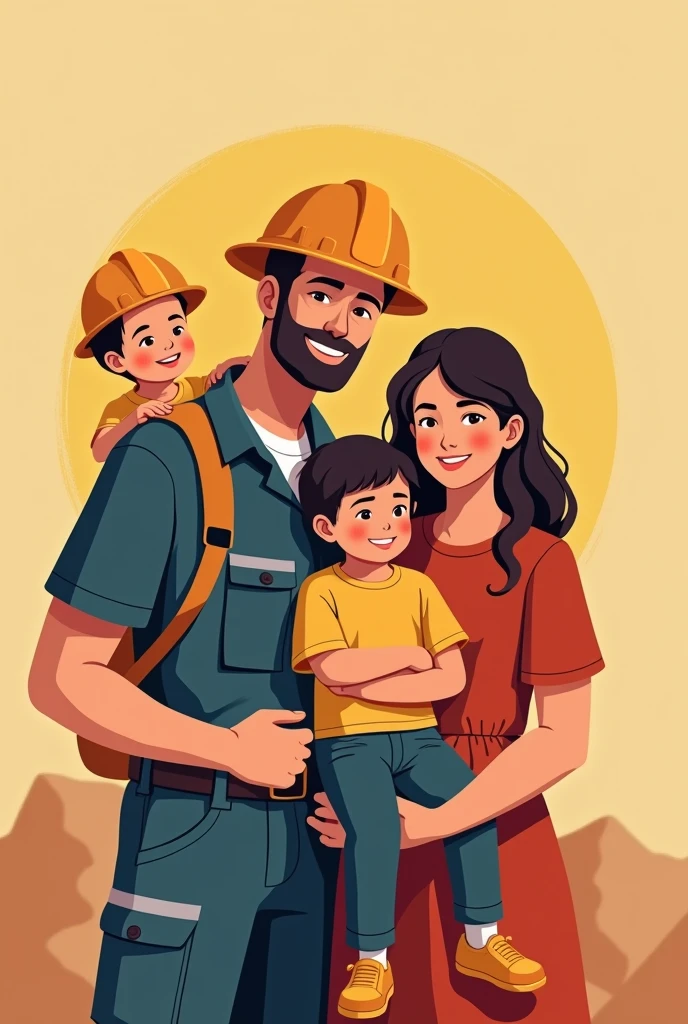 Illustration of a family of a husband who works in mining with his 6-year-old daughter, his 3-year-old son and his wife, the four embraced and loved