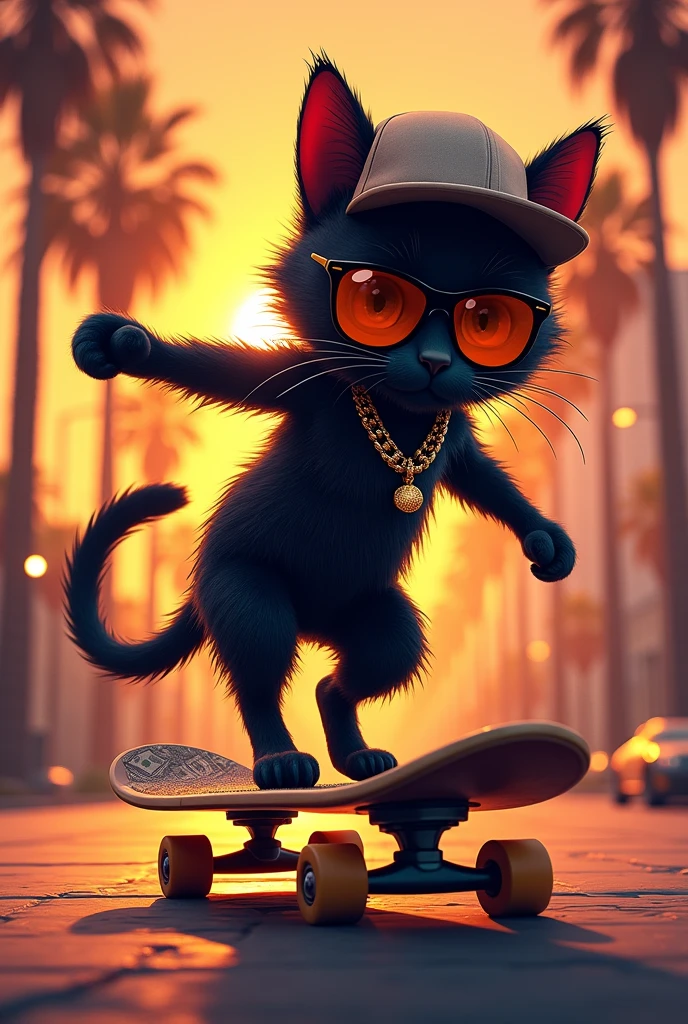 Little cat,black,Basecap Skateboard urban golden jewelry palm trees Sunset Dollar notes sunglasses