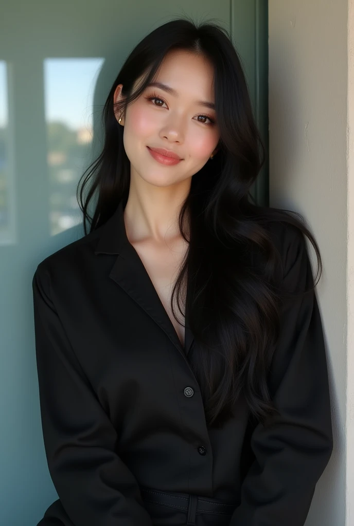 A cute Thai woman but she is a little serious, she is a kpop singer whose hair is black and long and she is wearing a black shirt and she is smiling sideways, she is the protection of the group 