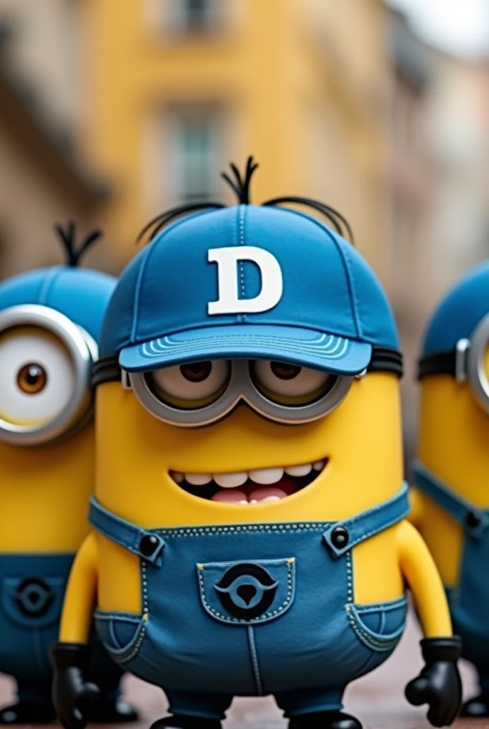 Minions wearing blue caps with the letter D