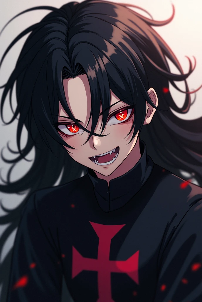 A male character smiling with a mean face,anime with a young appearance with long black hair with very strong fiery eyes with black clothes and with a cross on the chest with a symbol in the eye of Y