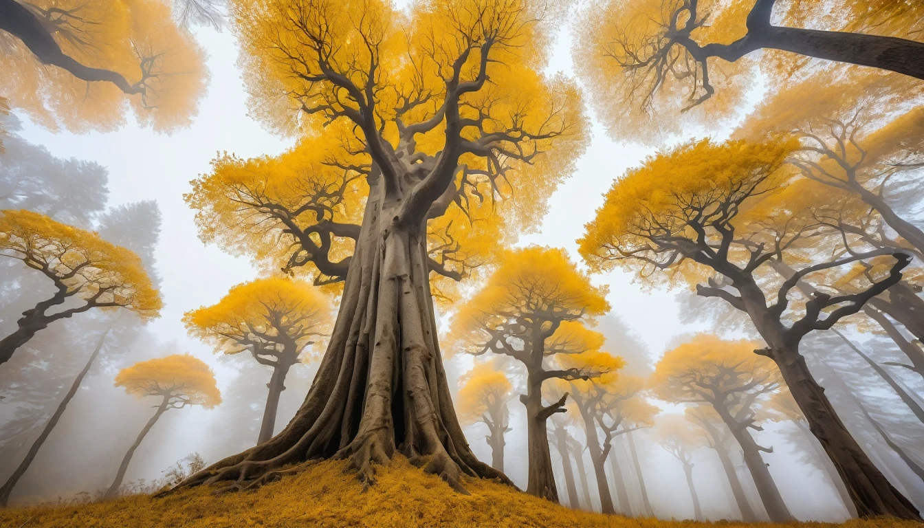 ((masterpiece, Fantasy,300km of Golden Trees, The trunks of the ancient trees reach up to the sky, Golden Leaf, Cloudy sky on background, Looking up angle)),cliff, grassland, fog