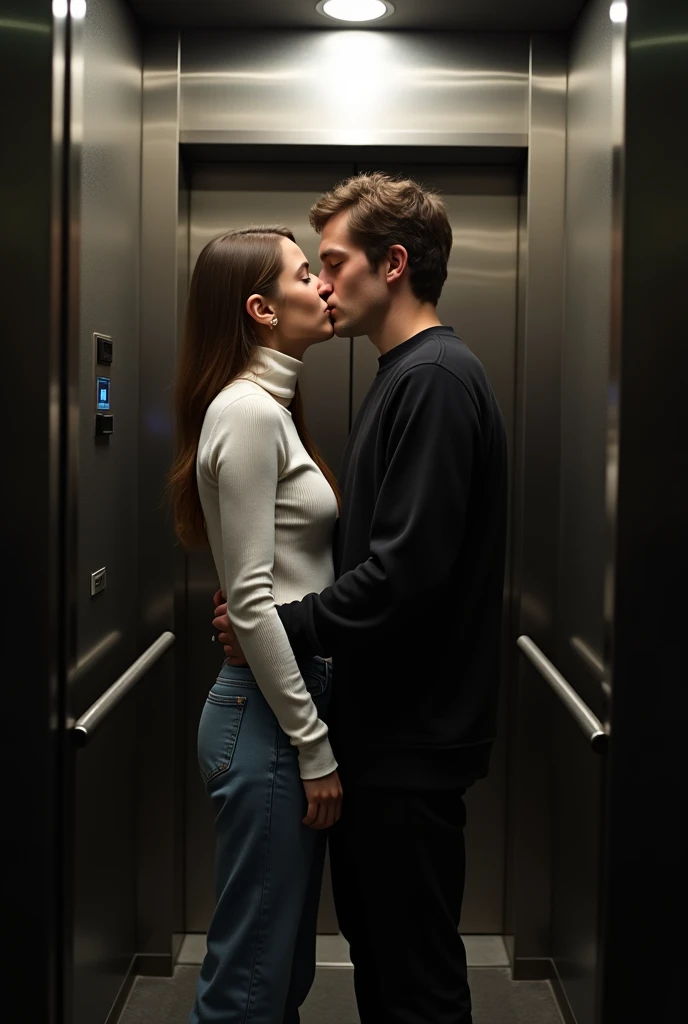 I want a girl in jeans and a white turtleneck shirt., and a boy in a black sweatshirt with his back turned in an elevator, giving each other a kiss. The girl is the one who takes the photo