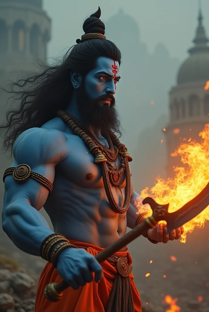 a powerful huge body, huge arms, muscular lord shiva, day light, lord shiva, ((throwing trishul towards the viewer, burning trushul, very charming face,)), no beard, closeup shot, extremely detailed skin and well detailed eyes (best quality,4k,8k,highres,masterpiece:1.2),ultra-detailed,(realistic,photorealistic,photo-realistic:1.37),dramatic lighting,cinematic composition,intricate details,vibrant colors,mystical atmosphere, fire and foggy blurry environment , dynamic action