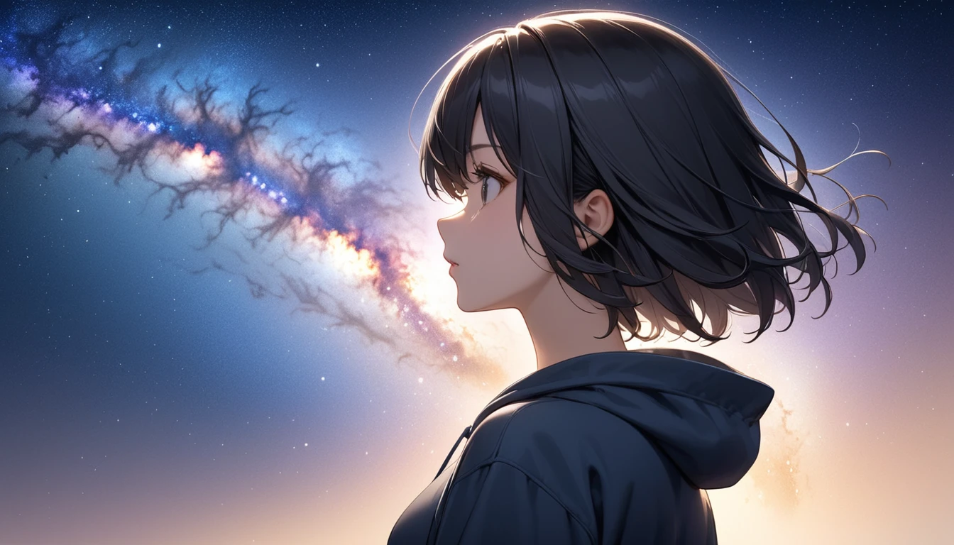 Starry Sky、milky way、One woman、Black Hair、Short Hair、Hair blowing in the wind、profile、Wearing a hoodie、Back view、Full body portrait