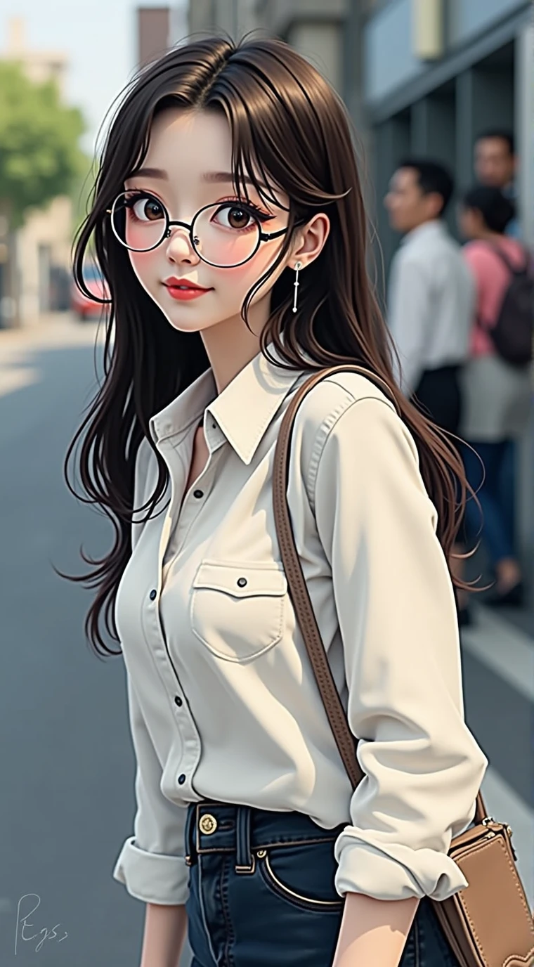 ((Highest quality、8ก、Masterpiece:1.3))、Beautiful woman with a perfect figure:1.4、(long brown hair、small tits:1.3)、Casual wear、on the road、Highly detailed facial and skin textures、Detailed eyes、Double eyelids、smile:1.5、Whole Esbian、glasses