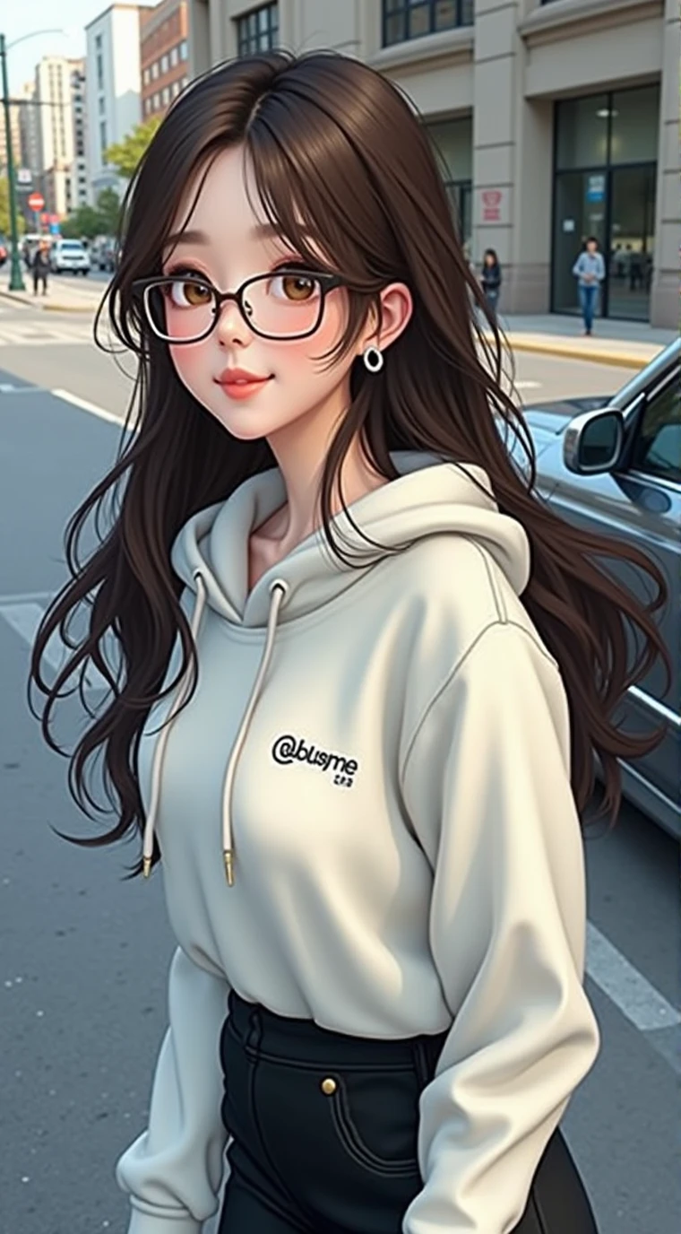 ((Highest quality、8ก、Masterpiece:1.3))、Beautiful woman with a perfect figure:1.4、(long brown hair、small tits:1.3)、Casual wear、on the road、Highly detailed facial and skin textures、Detailed eyes、Double eyelids、smile:1.5、Whole Esbian、glasses