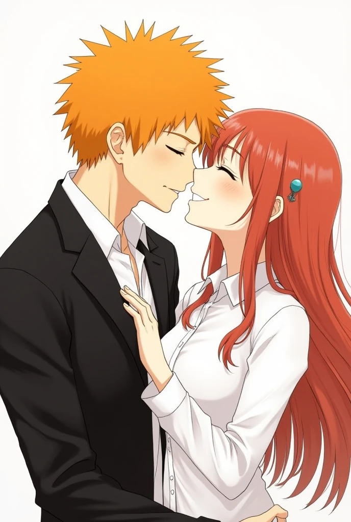 Ichigo Kurosaki kissing Orihime Inoue, Orange Hair, close your eyes, smile, Happy, (Ichigo Kurosaki: Black jacket, White shirt), (Orihime Inoue: White shirt, hairpin)