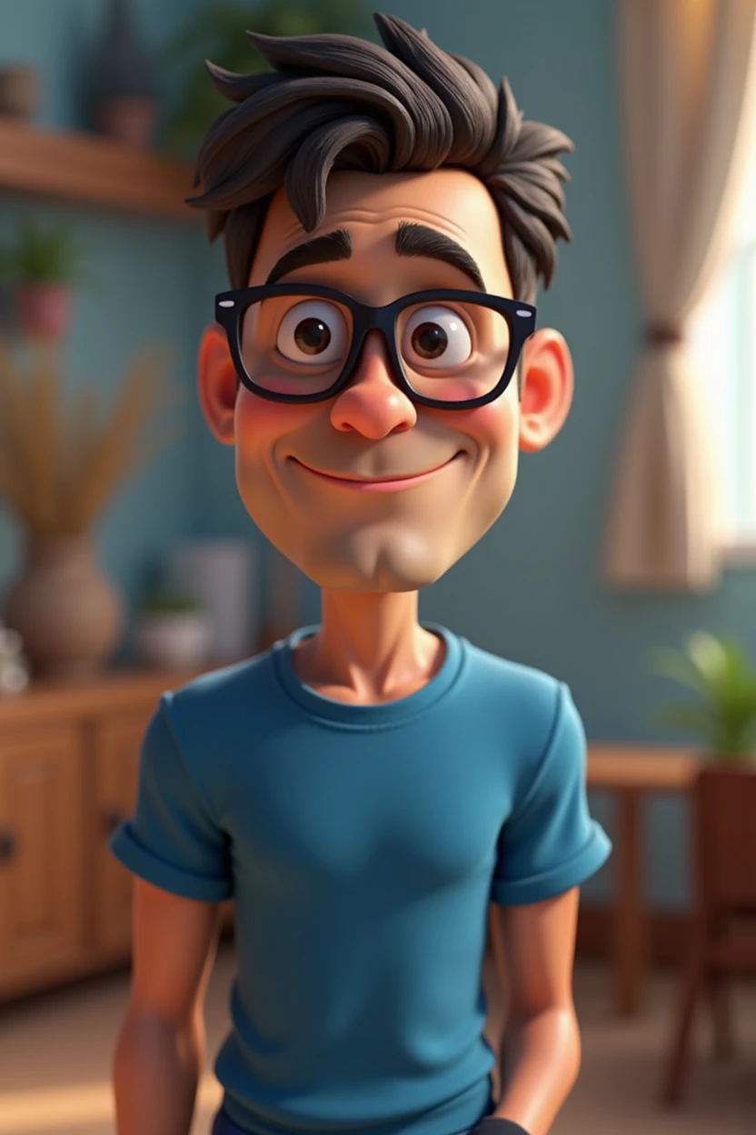 Cartoon character of a man in black glasses and blue shirt, an animated character, stylized character, animation style rendering, 3d stylized, Arnold Maya rendering, Stylized 3D rendering, toon render screenshot, 3d character, 3d character, Stylized 3D rendering, 3D character rendering, cartoon character, Personagem de close up, character posing, (Pixar-style) (master part:1.2) (bokeh) (best qualityer) (skin detailed) (detailed texture) (8k) (Argilla) (cinematic lighting) (sharp focus,Sit down and lift your upper body