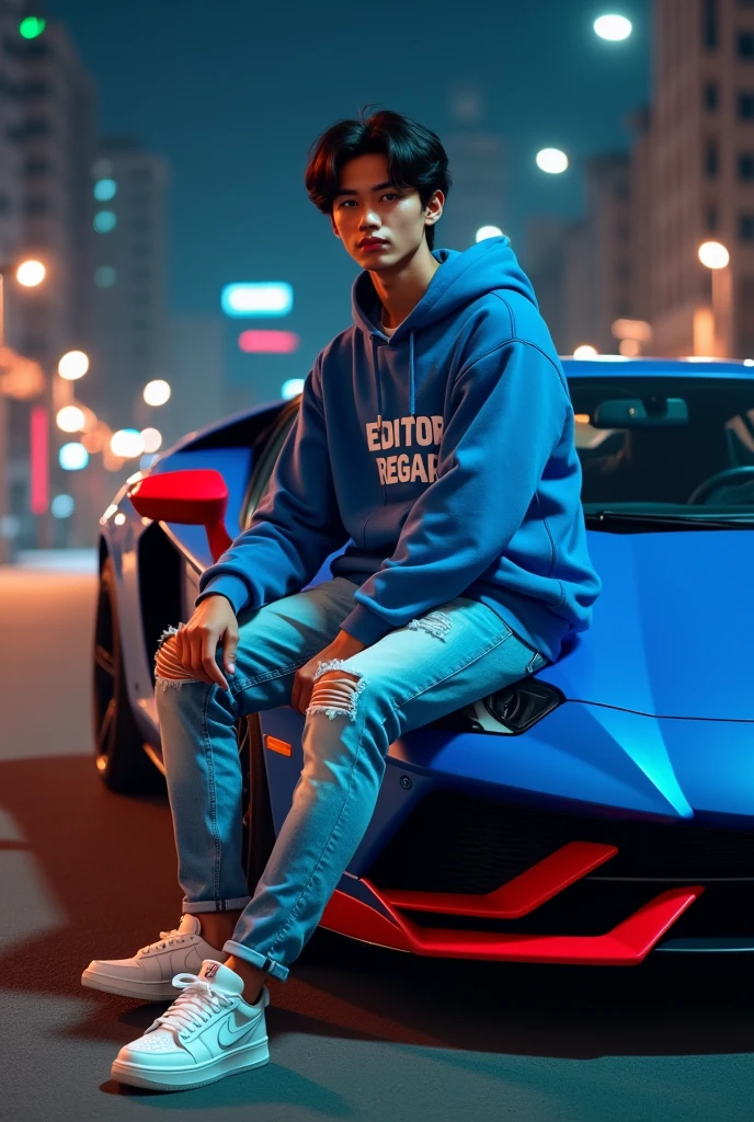 (photorealism:1.2),a 25 year old Indonesian man, Korean Hairstyles , ripped jeans, nike jordan shoes, wearing a blue hoodie that says "EDITOR'S REGARD",Indonesian text, clear. sitting pose, holding a cigarette next to a blue and red Lamborghini sports car, city night background. Real details, hyper realistic, UHD, Photography