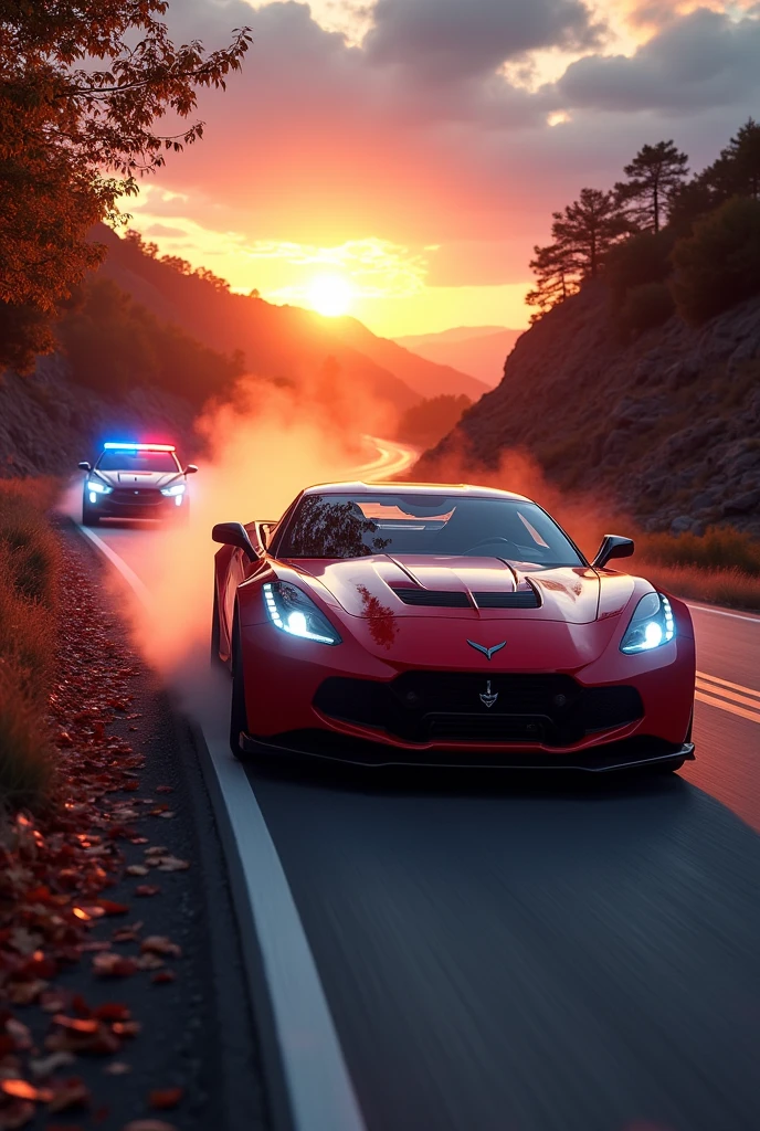 A sleek, red sports car zooming down a winding mountain road at sunset, its headlights cutting through the twilight. Behind it, flashing blue and red police lights chase closely. Dust and leaves swirl in the air, and the sky is painted with dramatic oranges and purples.