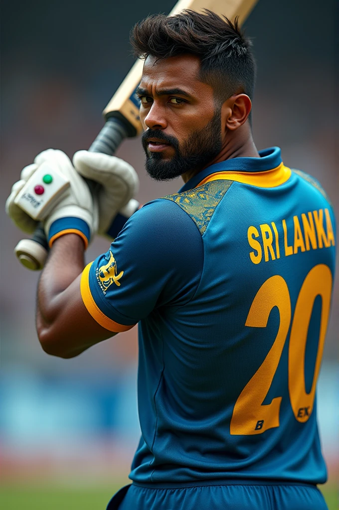 Make a relestic image of a men cricketer wearing a sri lankan jersey , jersey number 20 , showing the name at the back of the t shirt while batting