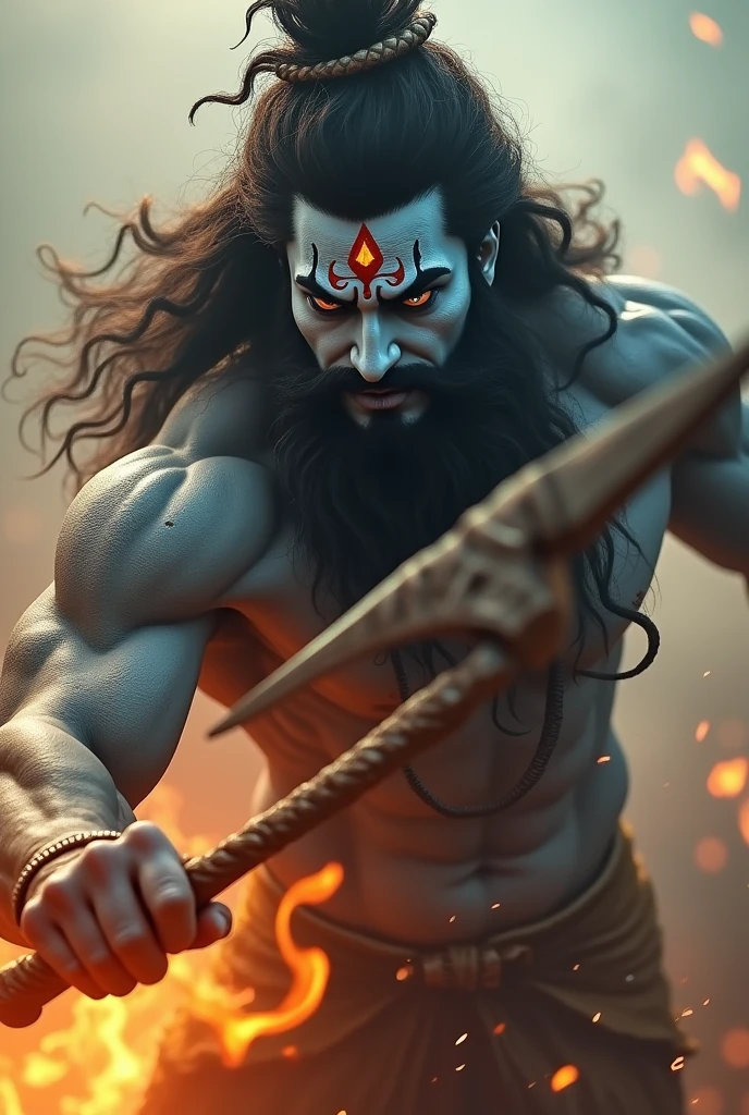 a powerful huge body, huge arms, muscular lord shiva, day light, lord shiva, ((throwing trishul towards the viewer, burning trushul, very charming face,)), closeup shot, extremely detailed skin and well detailed eyes (best quality,4k,8k,highres,masterpiece:1.2),ultra-detailed,(realistic,photorealistic,photo-realistic:1.37),dramatic lighting,cinematic composition,intricate details,vibrant colors,mystical atmosphere, fire and foggy blurry environment , dynamic action