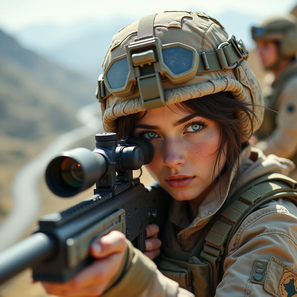 Masterpiece, a French 28 years old female specs ops sniper in Afghanistan looking at the valley below. She is wearing a desert camo uniform with summer colors and a calo helmet with coms set. She is sitting on top of a hill ready to open fire on the road below.. She is using a French PGM Hécate II sand camo sniper rifle and has light gear allowing her to move easily. The lanscape is typical Afghanistan low mountains overlooking a valley with a river. a spotter can be seen in the immediate background. She wears light sniper combat gear and she has a concentrated face. She has light brown hair with blue eyes. her skin is very pale with light freckles. thin face, hardened expression. aiming and ready to open fire, 16K, ultra high res.photorealistic, UHD, RAW