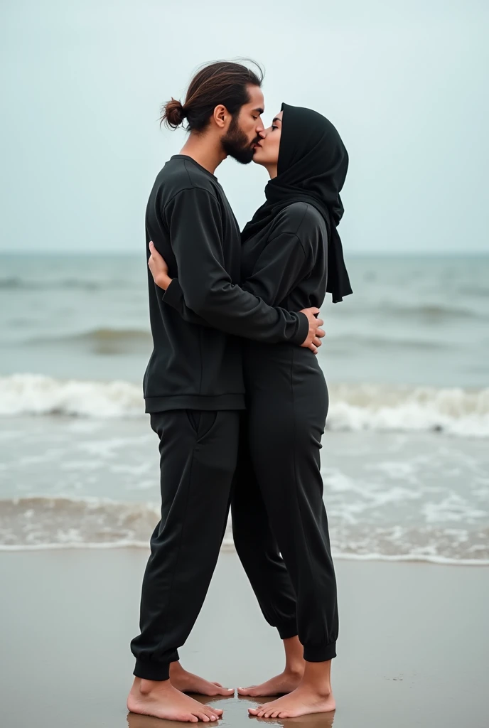 With headscarf, black sweatpants,  Barefoot woman kissing her boyfriend on the beach