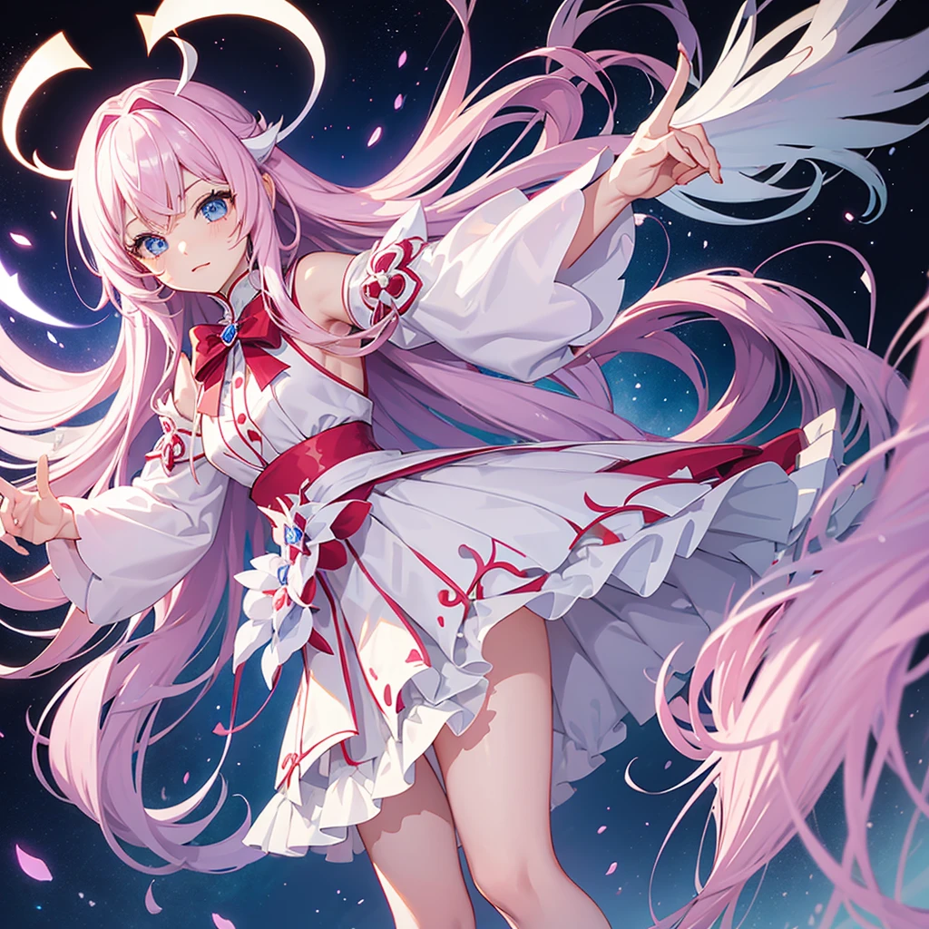 Woman with long pink hair and blue eyes. Cute white adventurer outfit with purple details and red bow ((estilo genshi impact)) White bloomers. White horns with purple and red decoration. Red spiny halo on head. Electro genshi impact vision on the waist