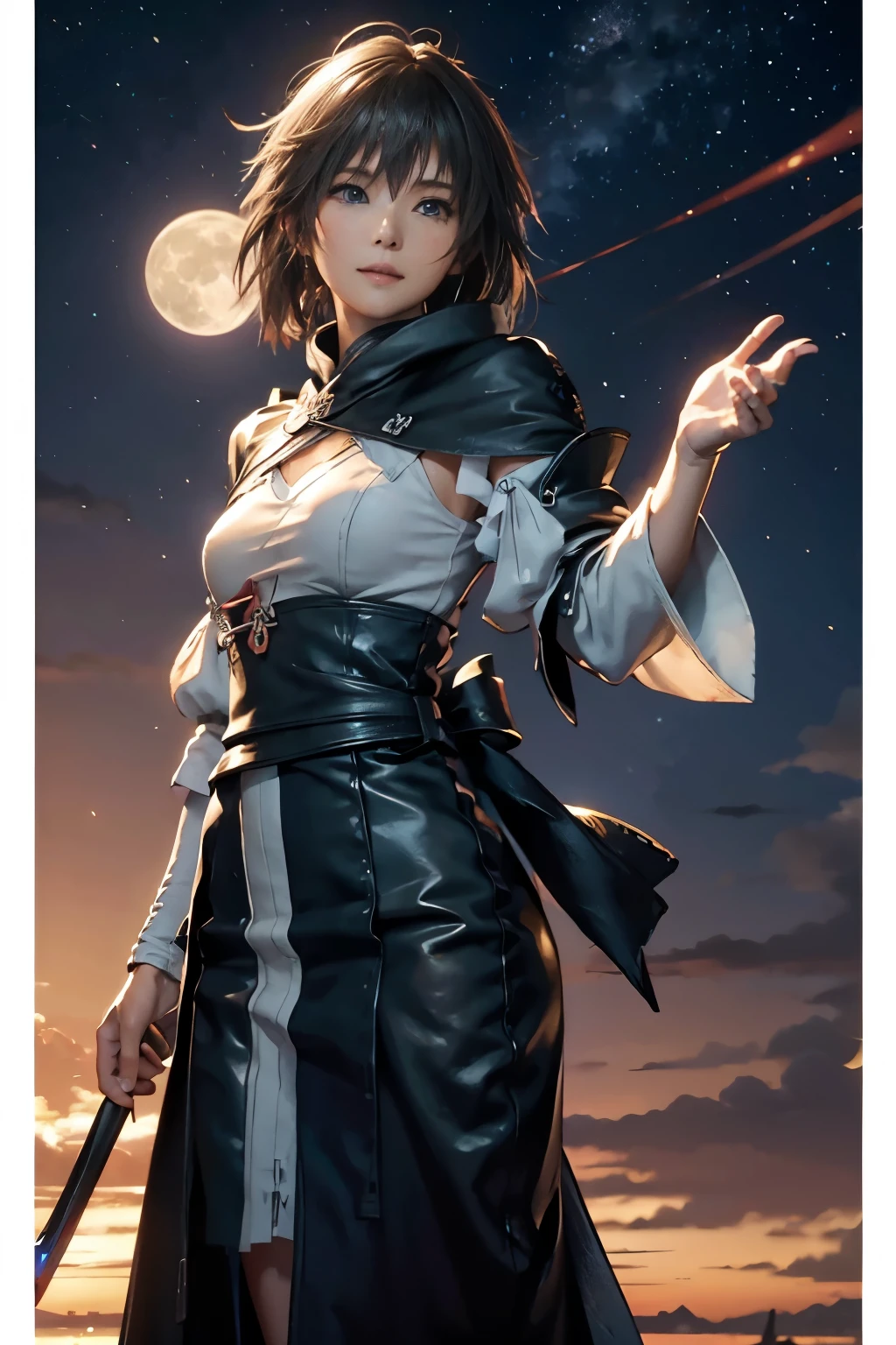 Final Fantasy Yuna Japanese Game Final Fantasy Yuna Full Body Fighting Woman Healing Magic Healing Beauty Beautiful Face Realistic 3D Anime Style 2.5D character Yuna from Final Fantasy perfect reproduction kawaii moonlight brown bob hair brownhaircolor bob hair style kimono-like cuffed clothing hakama Final Fantasy 7 game supple body gentle face smiling holding a cane stretching out hand holding a cane one hand outstretched aesthetic aesthetics photo-like anime realistic anime sexy kimono well-proportioned facial features kawaii idol face natural anime face beautiful girl beautiful woman natural facial expression well-proportioned face one hand outstretched fighting pose より完璧な再現 Final FANTASY7 yuuna 月明かりの下 background Big moon