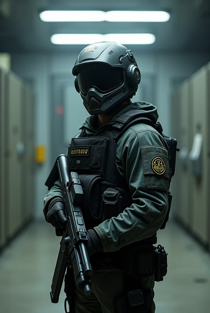 A guard from the SCP Foundation facilities, but the guard looks more like a special forces person, meaning his face is covered by a helmet and so on.