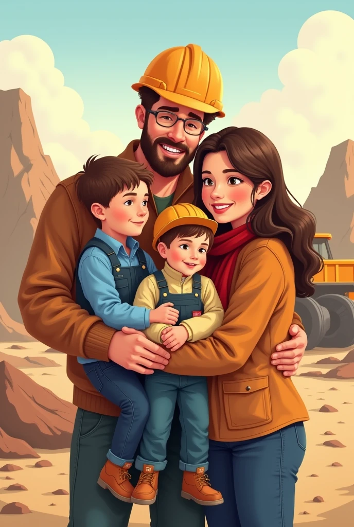 Illustration of a family of a husband who works in mining with his 6--old ghter, his 3-year-oln ands wife, the four embraced and loved