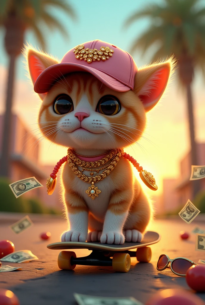 cat,Basecap Skateboard urban golden jewelry palm trees Sunset Dollar notes sunglasses,mouse