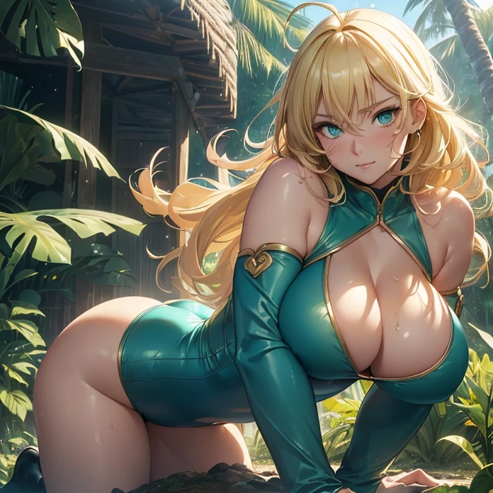 High Resolution, Masterpiece, HD, High Quality, Best Quality, Anatomically Correct, Minimalism, Digital Art, Soft Lighting, Anime Style, Glowing Light, Cowboy Shot
{{46 years old adult woman milf warrior: ((absolute feminity and physical beauty, beautiful Aqua Eyes, thin lips, Closed Mouth, Light Smile, golden Blonde Long Hair, blonde Ahoge, huge breasts, big round butt, voluptuous feminine body, beautiful arms, beautiful hips, tall body), (blue Forehead jewel, pink heart shaped Hair Clip, darkblue leotard, dark blue jacket, green wristbands, green long boots), (Tsundere, lying fallen on the ground, defeated after a fight, recovering after a fight, sweating, patting her belly), (tropical village, tropical jungle, green rainforest, steel-made rounded village houses, sunny morning, large jungle trees around))}}