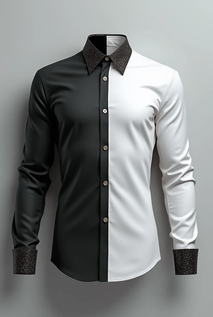 Imagine a white shirt and a black one, both long sleeves., with shiny collars and cuffs both