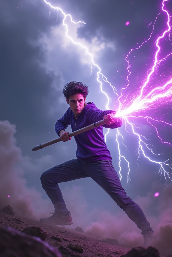 A young man with purple thunder powers throwing thunder spear