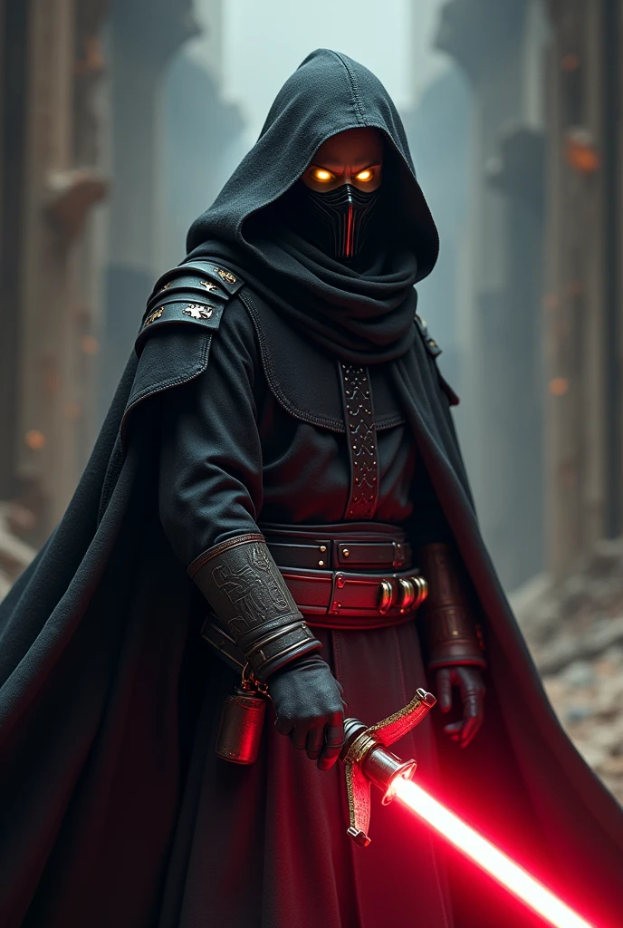 Young Dark Lord Sith with red lightsaber with oni mask covering the lower part of his face, yellow eyes and no hood