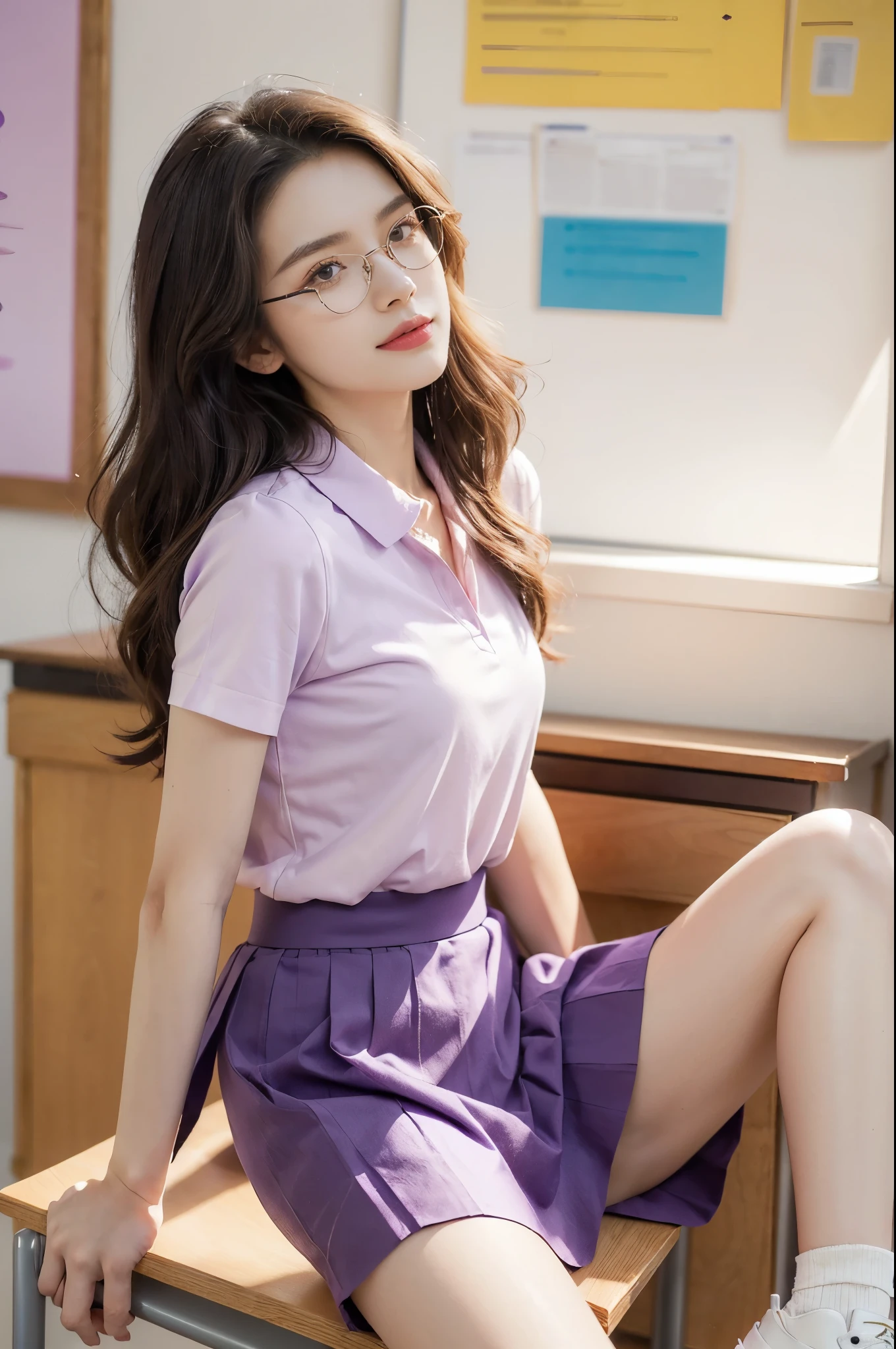 (((best quality))),(((ultra detailed))),(((masterpiece))),illustration,((1 beautiful young girl,female teacher,solo)),(shoulder-length wavy bob:0.8),(glasses:1.2),((slim,thin)),((small breasts,flat chest)),(summer:1.3),(indoor:1.2),(in classroom:1.3),(light purple collared short-sleeved shirt:1.3),(maxi purple bubble skirt:1.3),(slender legs:1.2),(sneakers:1.2),(sitting on the desk:1.3),(arms behind back:1.3),(spread legs apart:1.3),elegance, confidence, professional attire, fashionable, personal style, wall posters, maps, colorful, learning, organized,chairs, whiteboard, important information, diagrams, bright eyes, focused, gentle smile, warmth, kindness, positivity, enthusiasm, inspiring, students, joy, intelligence, snapshot, dedication, grace,((from front,full body))