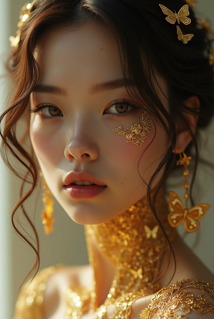 Portrait of a beautiful cyborg with 8k brown hair, intricate, elegant, highly detailed, majestic, digital photography, art by artgerm and Ruan Jia and Greg Rutkowski, surreal painting, golden butterfly filigree, broken glass, (masterpiece, side light, delicate beautiful eyes: 1.2), Human Development Report