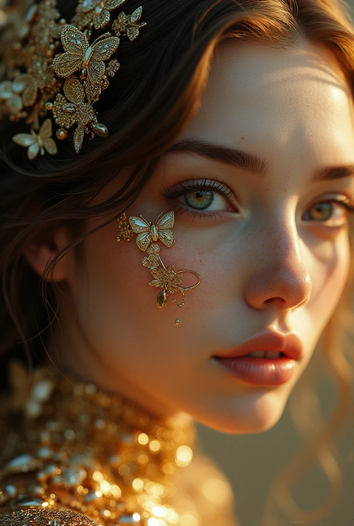 Portrait of a beautiful cyborg with 8k brown hair, intricate, elegant, highly detailed, majestic, digital photography, art by artgerm and Ruan Jia and Greg Rutkowski, surreal painting, golden butterfly filigree, broken glass, (masterpiece, side light, delicate beautiful eyes: 1.2), Human Development Report