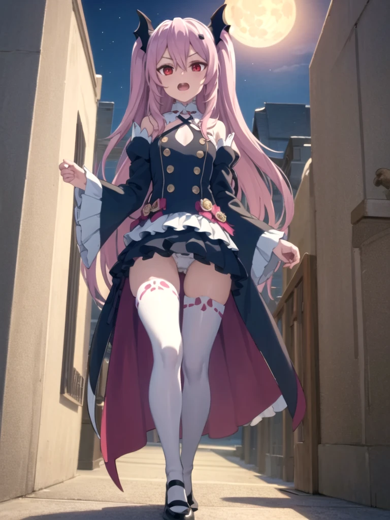 (masterpiece:1.4), beautiful detailed eyes:1.6, uper detailed skin:1.4,  (illustration:0.7), best quality, high resolution, unity 8k wallpaper, extremely detailed face, extremely detailed CG, (krul tepes, red eyes, long hair, pink hair, two side up, hair ornament, small breast, short stature, solo), beautiful clothes, walking, very short skirt, lift skirt, white panties, show off panties, black shoes, white thighhighs, embarrassed, open mouth, night, rooftop, Night view, big Moon, looking at viewer,　