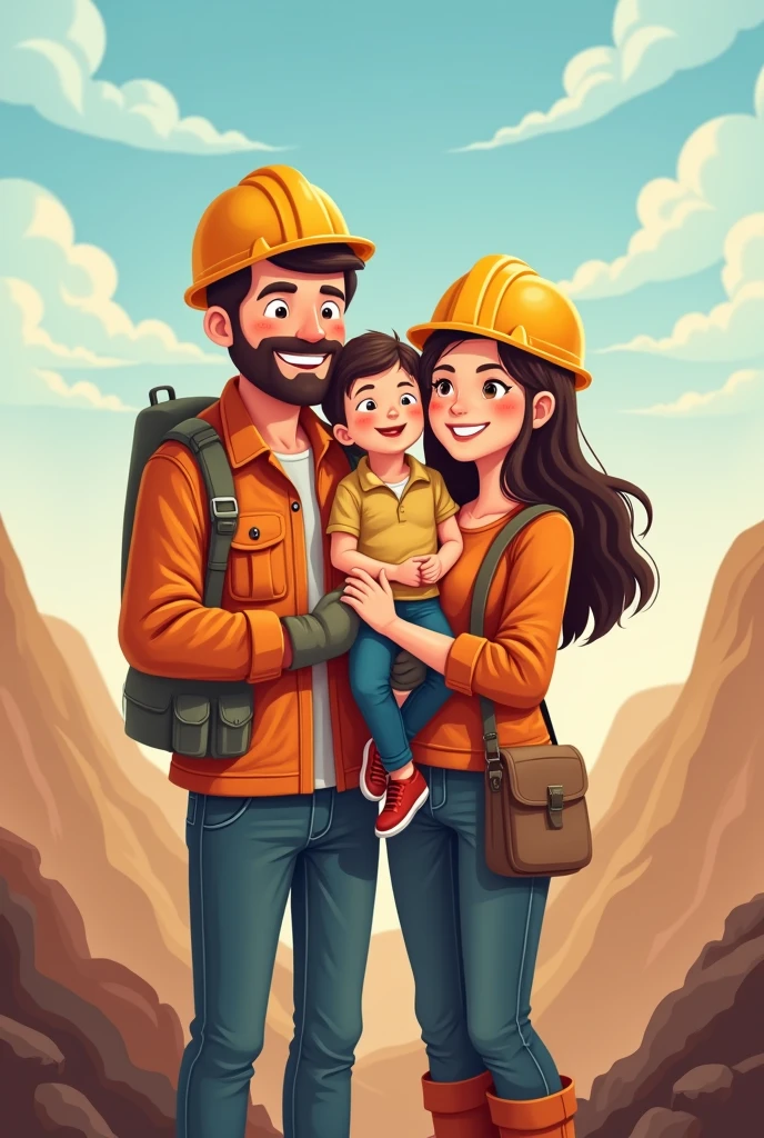 Illustration of a family of a husband who works in mining with his 6-year-old daughter, his 3-year-old son and his wife, the four embraced and loved