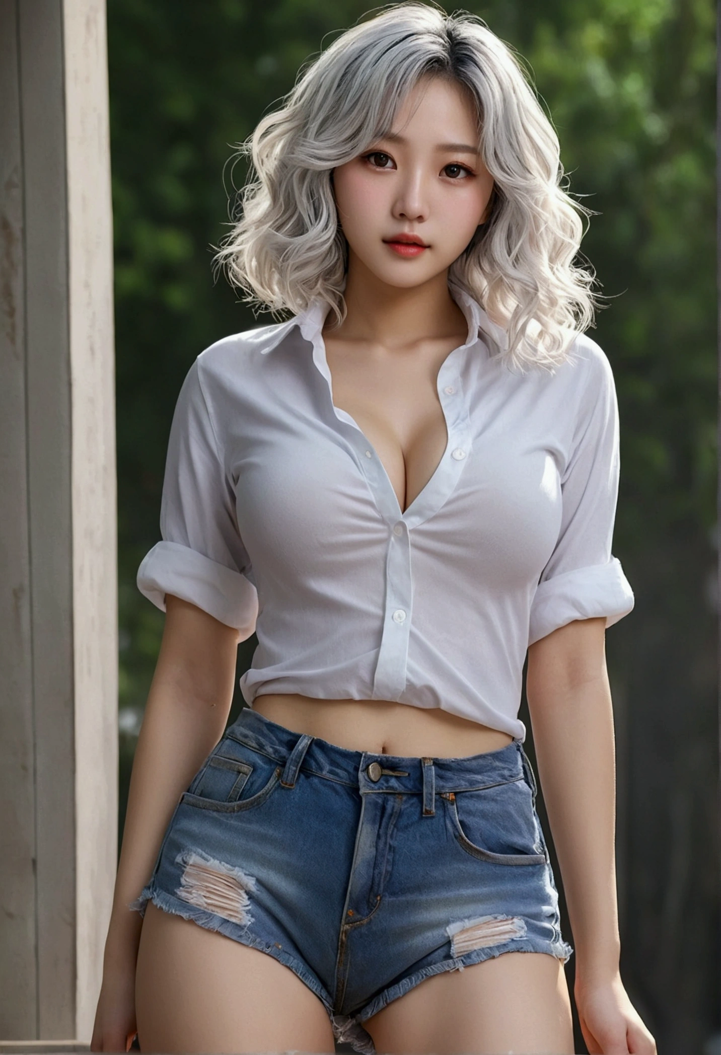 Realistic, high resolution, 1 girl, white wavy hair, Korean, heterochromic eyes, small moles under the eyes, loose white shirt, skinny denim shorts, large breasts, thighs, panties visible Masterpiece, realism