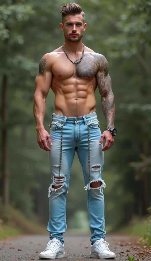 Fullbody standing picture of white skin Handsome  muscular horny nude sexy gay man wearing light blue skinny ripped jean tights, shiny black Disconnected Pompadour oiled hair style, blue eyes, shiny white varnished vinyl vans, red lip, chain, tattoos, horny, cum shot, sperm, milking penis, big penis, very big testicle, shiny oiled skin, orgasm, oversexed, standing outdoor.