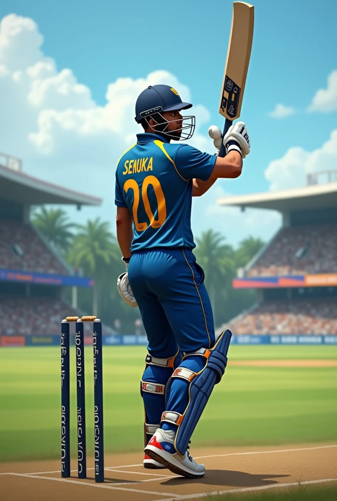 Make a relestic image of a men cricketer wearing a sri lankan jersey , jersey number 20 , showing the name at the back of the t shirt while batting , jersey name senuka