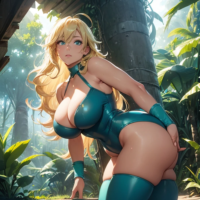 High Resolution, Masterpiece, HD, High Quality, Best Quality, Anatomically Correct, Minimalism, Digital Art, Soft Lighting, Anime Style, Glowing Light, Cowboy Shot
{{46 years old adult woman milf warrior: ((absolute feminity and physical beauty, beautiful Aqua Eyes, thin lips, Closed Mouth, Light Smile, golden Blonde Long Hair, blonde Ahoge, , big round , voluptuous feminine body, beautiful arms, beautiful , tall body), (blue Forehead jewel, pink heart shaped Hair Clip, darkblue leotard, dark blue jacket, green wristbands, green long boots), (lay fallen on the ground, defeated after a fight, recovering after a fight, sweating), (tropical village, tropical jungle, green rainforest, steel-made rounded village houses, sunny morning, large jungle trees around))}}