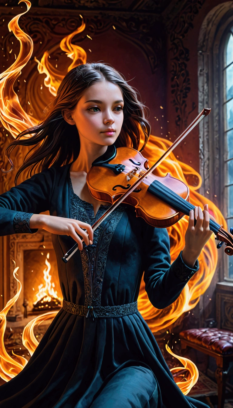 1 girl, solo, Playing the violin,masterpiece, accuracy, Realistic anatomy, very detailed, background blur,
On the Background of Fire,