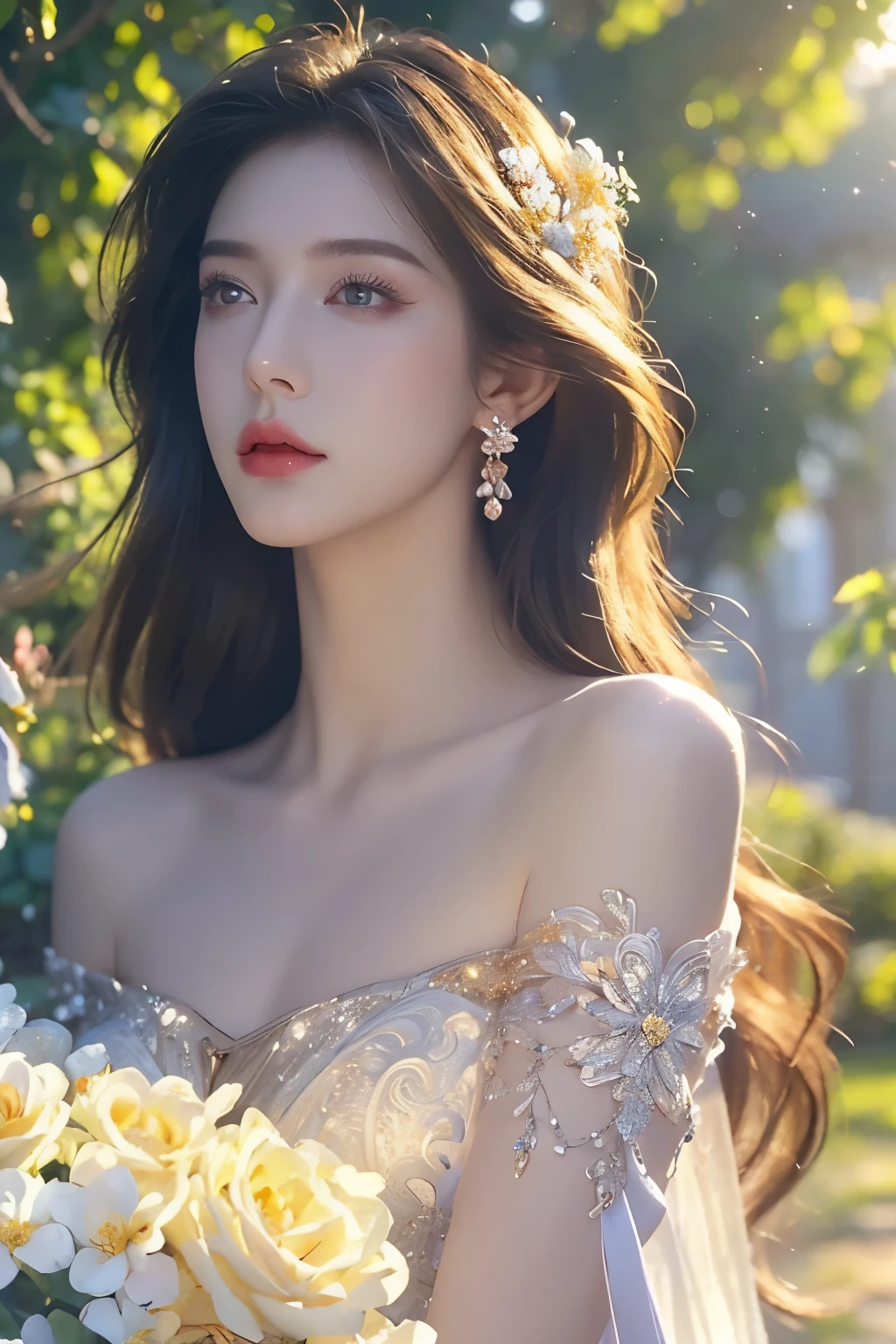 beautiful young girl, (1girl:1.4), elegant and graceful, delicate facial features, big bright eyes, long eyelashes, pointed nose, rosy red lips, long silky hair cascading down her shoulders, wearing an ornate, intricate (flowery dress:1.2), in a serene (lush garden:1.2) setting, surrounded by (blooming flowers:1.2), bathed in warm (golden hour lighting:1.3), (highly detailed, masterpiece, best quality, 4k, hyperrealistic, photorealistic:1.6), digital painting, concept art style ((good composition)) ((not center))