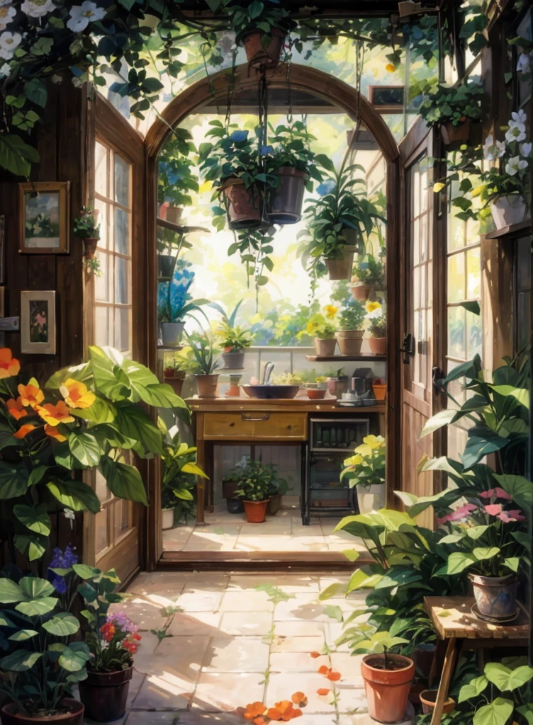 there is a painting of a garden with potted plants, anime background art, floral environment, background art, interior background art, painted in anime painter studio, in bloom greenhouse, room full of plants, anime background, lots of plants and flowers, made with anime painter studio, by Yang J, detailed scenery —width 672, greenhouse, beautiful anime scene