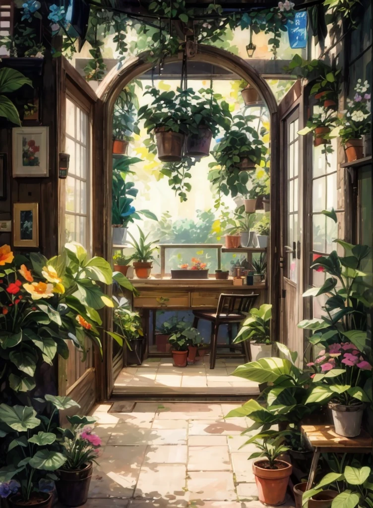 there is a painting of a garden with potted plants, anime background art, floral environment, background art, interior background art, painted in anime painter studio, in bloom greenhouse, room full of plants, anime background, lots of plants and flowers, made with anime painter studio, by Yang J, detailed scenery —width 672, greenhouse, beautiful anime scene