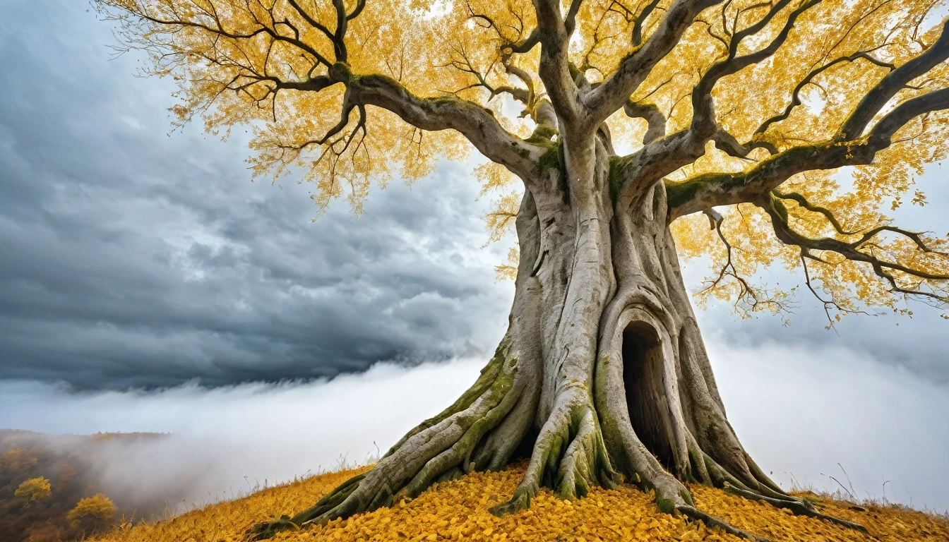 ((masterpiece, Fantasy,300km of Golden Trees, An ancient tree trunk stretches up to the sky, Golden Leaf, Cloudy sky on background, Looking up angle)),cliff, grassland, fog