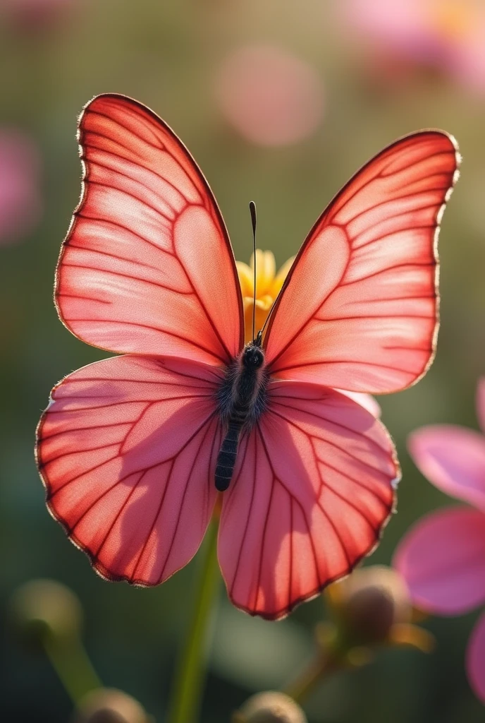 pink and melon colored butterfly , that has rounded wings, that is pretty and is facing forward