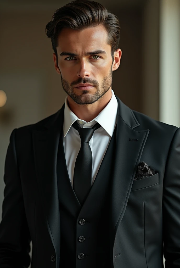 Alex volkov from twisted love, 25 year old, Russian man, green jade eyes, brown slick hairs, sharp features with sharp jawline, roman nose, stubble beard, a frown on his face, serious, handsome, 6'4, lean and we'll built, wearing an expensive nine piece suit, hot, masculine, sharp seductive eyes